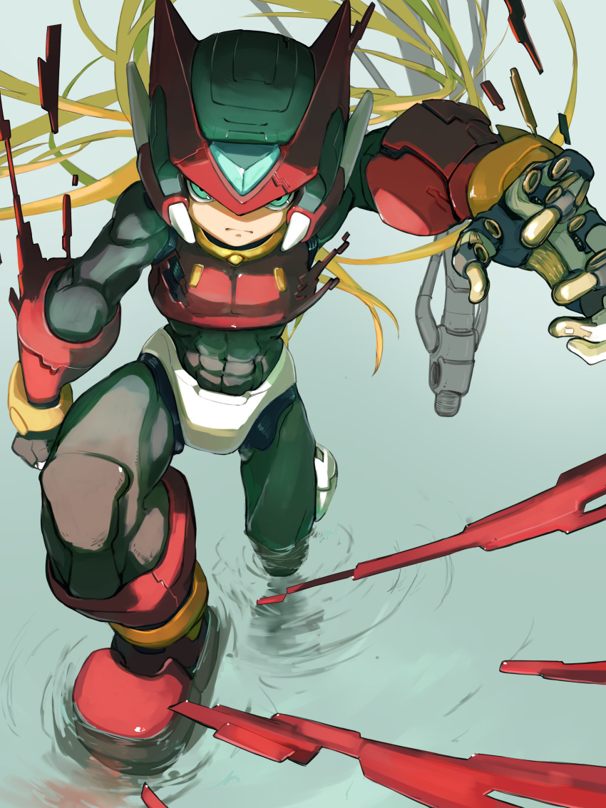 1boy absurdres adapted_costume armor blonde_hair cable forehead_jewel green_eyes helmet highres long_hair looking_at_viewer male_focus mechanical_parts mega_man_(series) mega_man_zero_(series) omochi_(mochi_skymega) red_armor red_helmet solo standing standing_on_liquid zero(z)_(mega_man) zero_(mega_man)