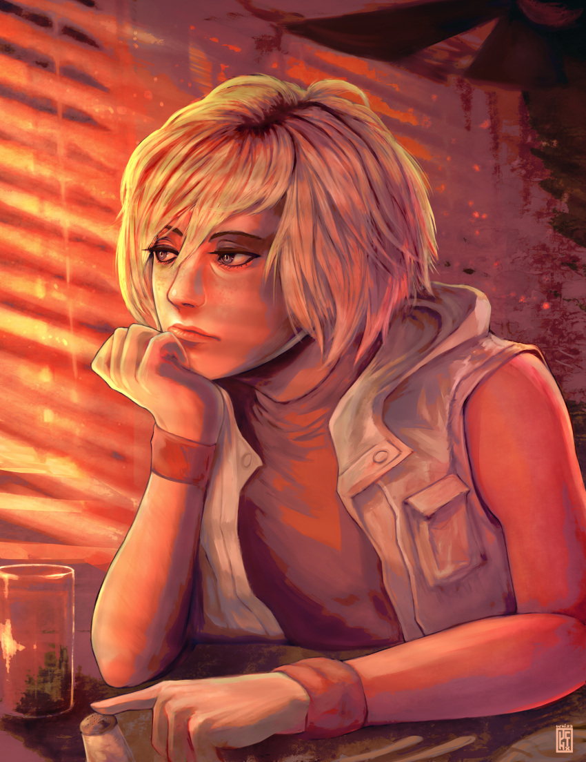 1girl absurdres arm_on_table bare_shoulders blonde_hair blue_eyes collared_jacket hair_between_eyes hand_on_own_chin heather_mason highres indoors jacket lips open_clothes open_jacket orange_shirt salt_shaker shirt short_hair silent_hill_(series) silent_hill_3 sitting sleeveless sleeveless_jacket solo table turtleneck uchi_vs_the_world watermark white_jacket window_blinds window_shadow wristband