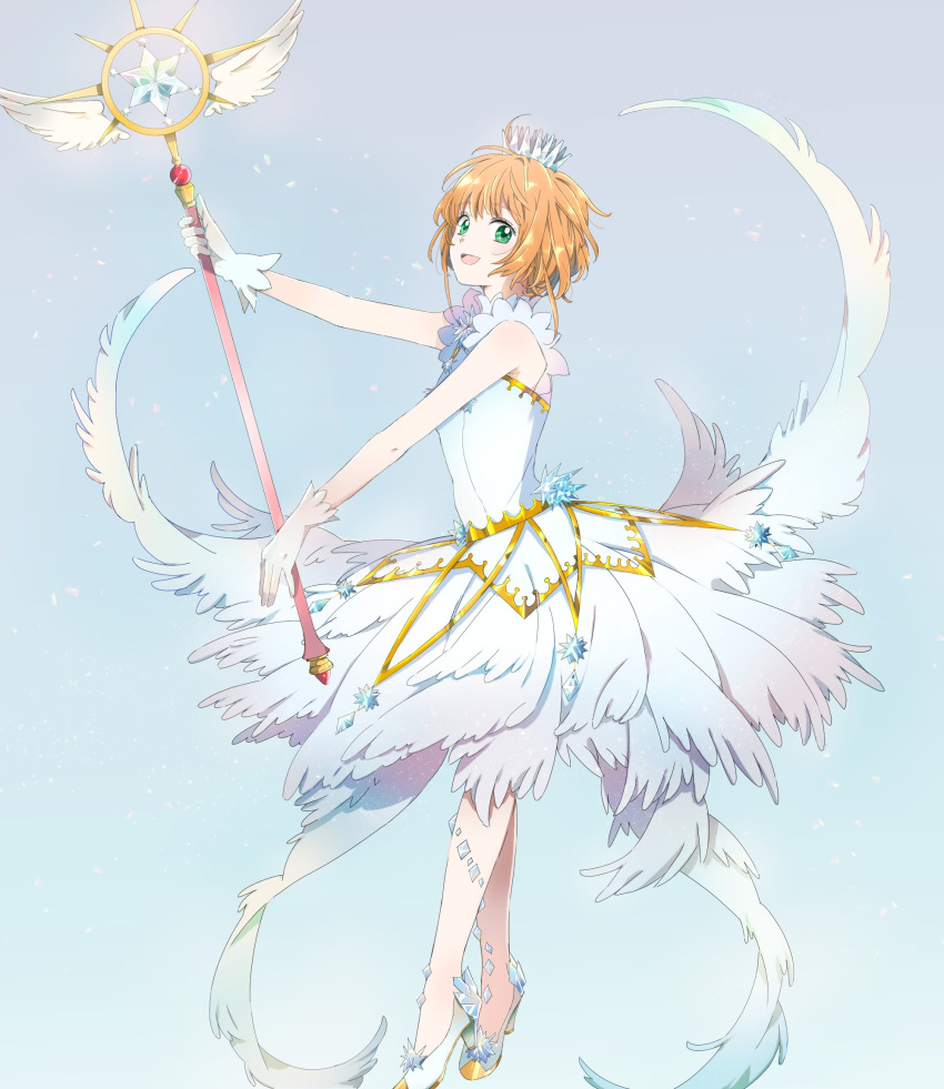 1girl bare_shoulders brown_hair cardcaptor_sakura crown dress full_body gloves green_eyes high_heels highres holding holding_wand kinomoto_sakura looking_at_viewer open_mouth rii2a77ru short_hair smile solo wand white_dress white_gloves