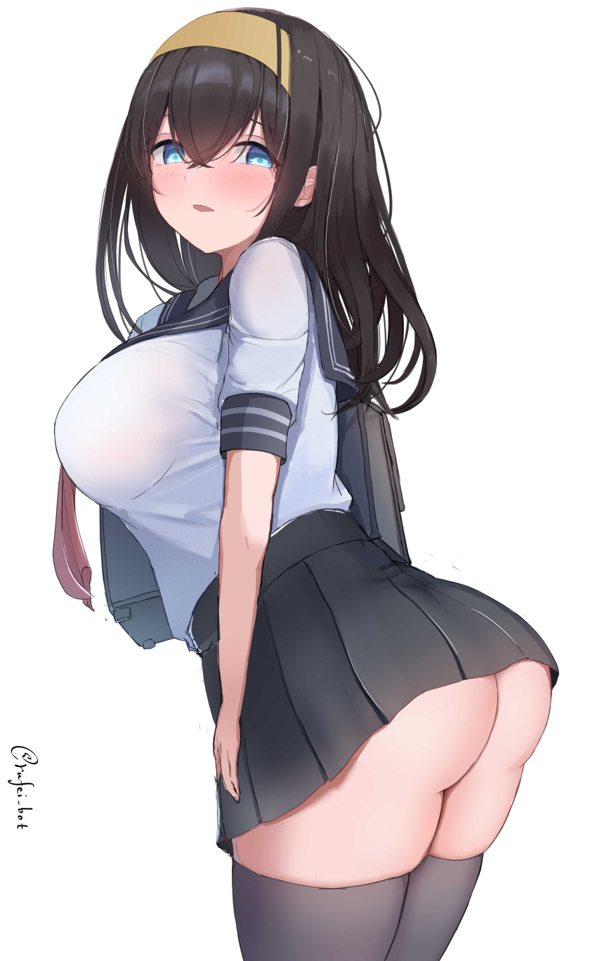 1girl absurdres ass bag black_hair black_sailor_collar black_skirt black_thighhighs blush cowboy_shot dot_nose double-parted_bangs hair_between_eyes hairband hand_on_own_thigh highres idolmaster idolmaster_cinderella_girls idolmaster_cinderella_girls_starlight_stage leaning_forward long_hair looking_at_viewer looking_back neckerchief parted_lips pleated_skirt red_neckerchief rufei_bot sagisawa_fumika sailor_collar school_bag school_uniform serafuku short_sleeves simple_background skirt solo straight_hair thighhighs twitter_username white_background yellow_hairband