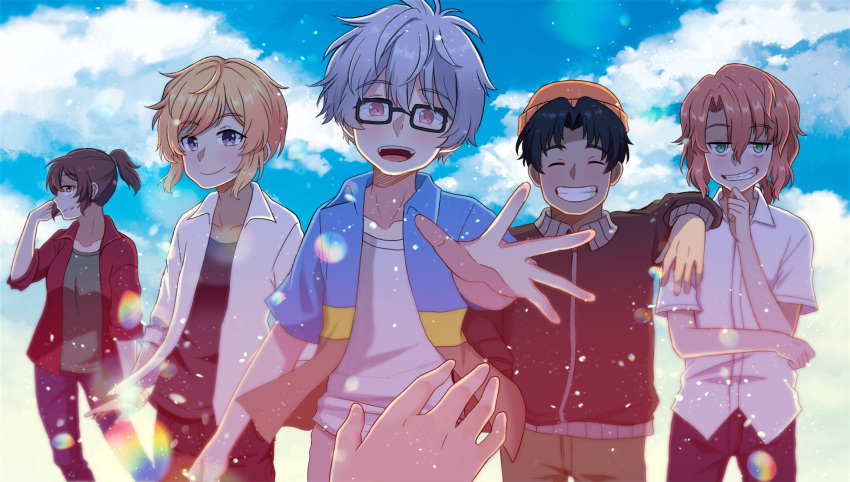 1girl 1other 3boys androgynous animification beanie black_hair black_jacket blonde_hair blue_sky buxley_krills closed_eyes genzou_ichihara gidget_bordelle glasses green_eyes grin hat highres iggy_maxwell jacket multicolored_clothes multicolored_jacket multiple_boys orange_hair orlam_brewbacher our_wonderland outstretched_hand purple_eyes rattail red_eyes red_hair shirt short_ponytail sky smile wavy_hair white_hair white_jacket white_shirt ximsol182