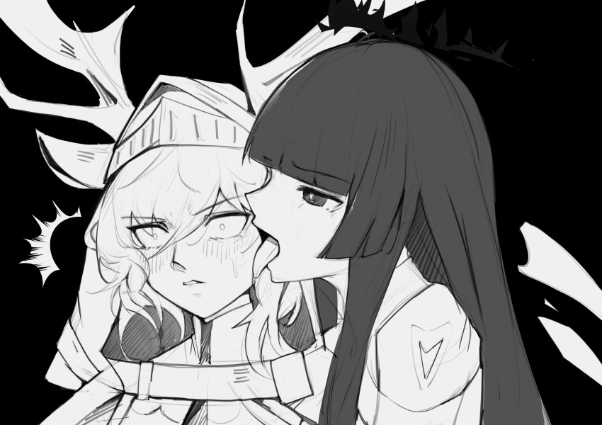 2girls ^^^ absurdres animal_ears antlers arknights black_background blunt_bangs blush bright_pupils commentary constricted_pupils half-closed_eyes halo highres horns jojo_no_kimyou_na_bouken krirk licking licking_another's_face long_hair meme mole mole_under_eye monochrome multiple_girls open_mouth portrait saliva taste_of_a_liar_(meme) tongue tongue_out vento_aureo virtuosa_(arknights) viviana_(arknights) wide-eyed yuri