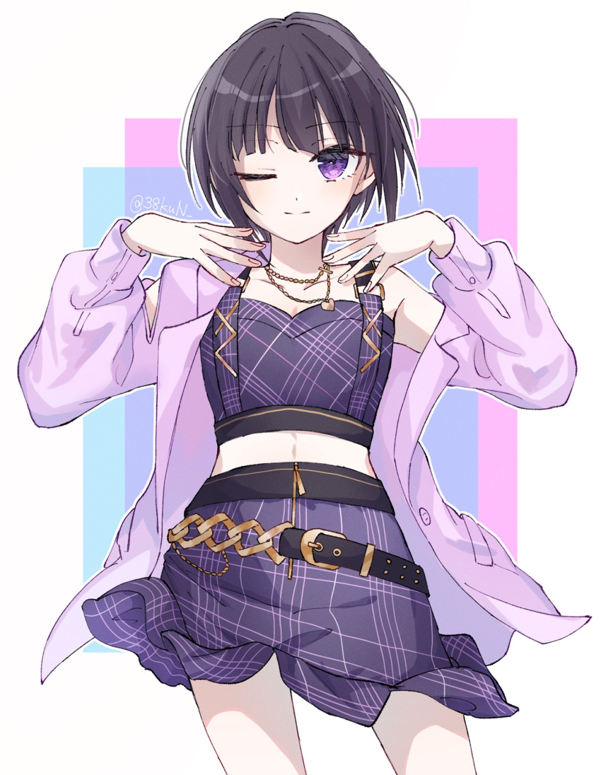 1girl ;) belt black_hair cropped_shirt hands_up highres idolmaster idolmaster_cinderella_girls jacket light_smile long_sleeves looking_at_viewer loose_belt midriff one_eye_closed purple_eyes purple_jacket purple_shirt purple_skirt sado_(38kun) shirayuki_chiyo shirt short_hair skirt sleeveless sleeveless_shirt smile solo twitter_username