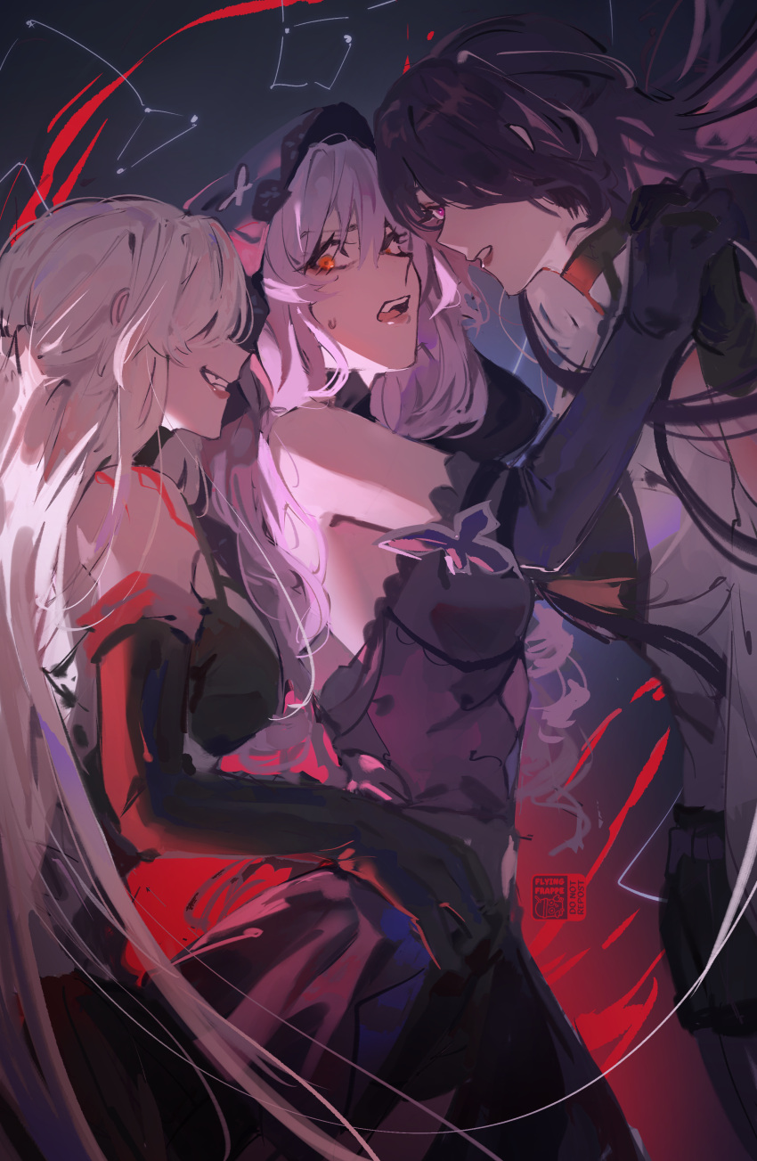 3girls absurdres acheron_(honkai:_star_rail) bare_shoulders black_choker black_gloves black_swan_(honkai:_star_rail) breasts choker cleavage dress dual_persona elbow_gloves flying-frappuccino gloves hair_over_one_eye hair_spread_out highres honkai:_star_rail honkai_(series) large_breasts long_hair multiple_girls official_alternate_color official_alternate_eye_color official_alternate_hair_color pantyhose purple_dress purple_eyes purple_gloves purple_hair purple_veil single_bare_shoulder sleeveless sleeveless_dress veil very_long_hair yellow_eyes yuri