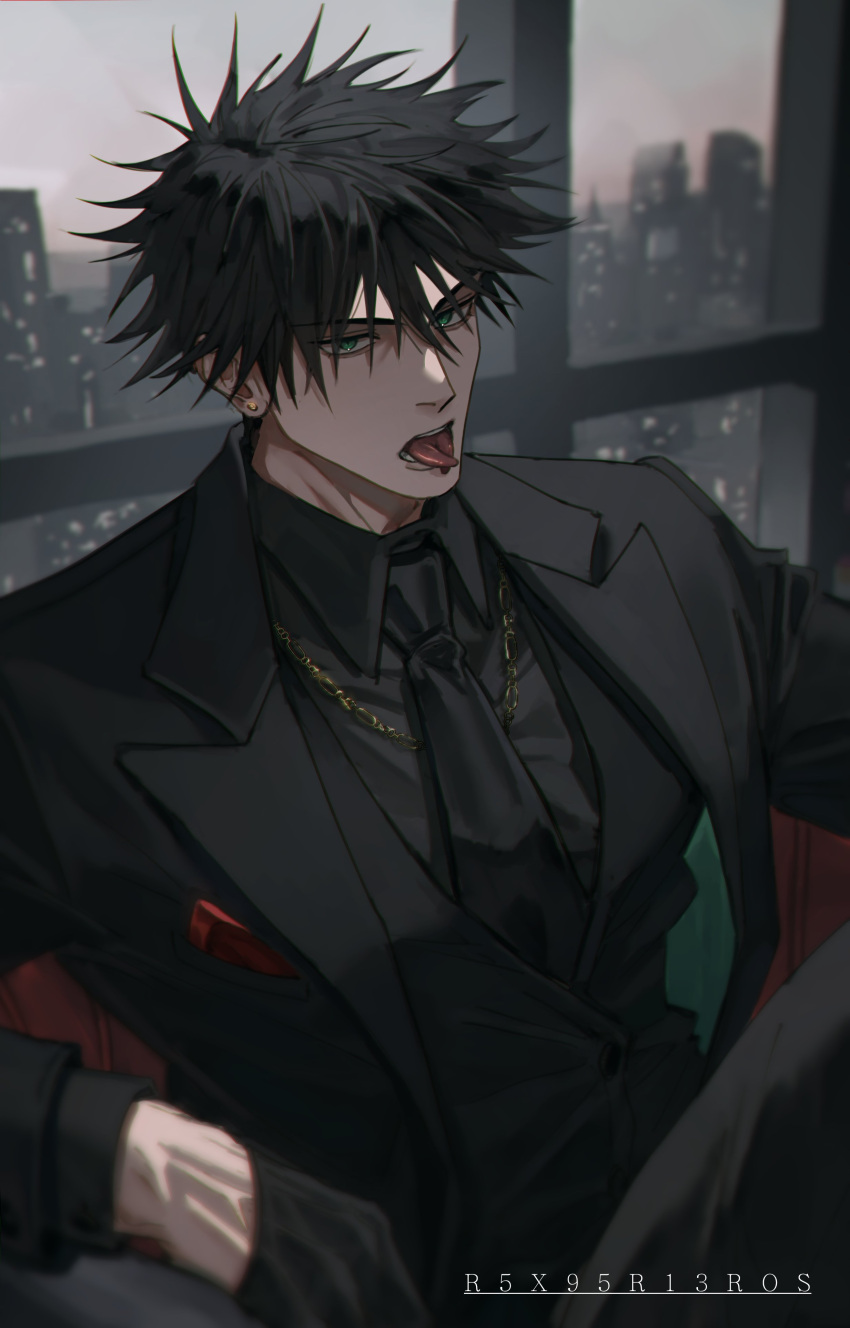 1boy absurdres aged_up artist_name black_coat black_gloves black_hair black_necktie black_suit blurry building cityscape coat cowboy_shot depth_of_field ear_piercing forked_tongue fushiguro_megumi gloves green_eyes highres jujutsu_kaisen looking_at_viewer male_focus necktie piercing r5x95r13ros solo suit tongue window