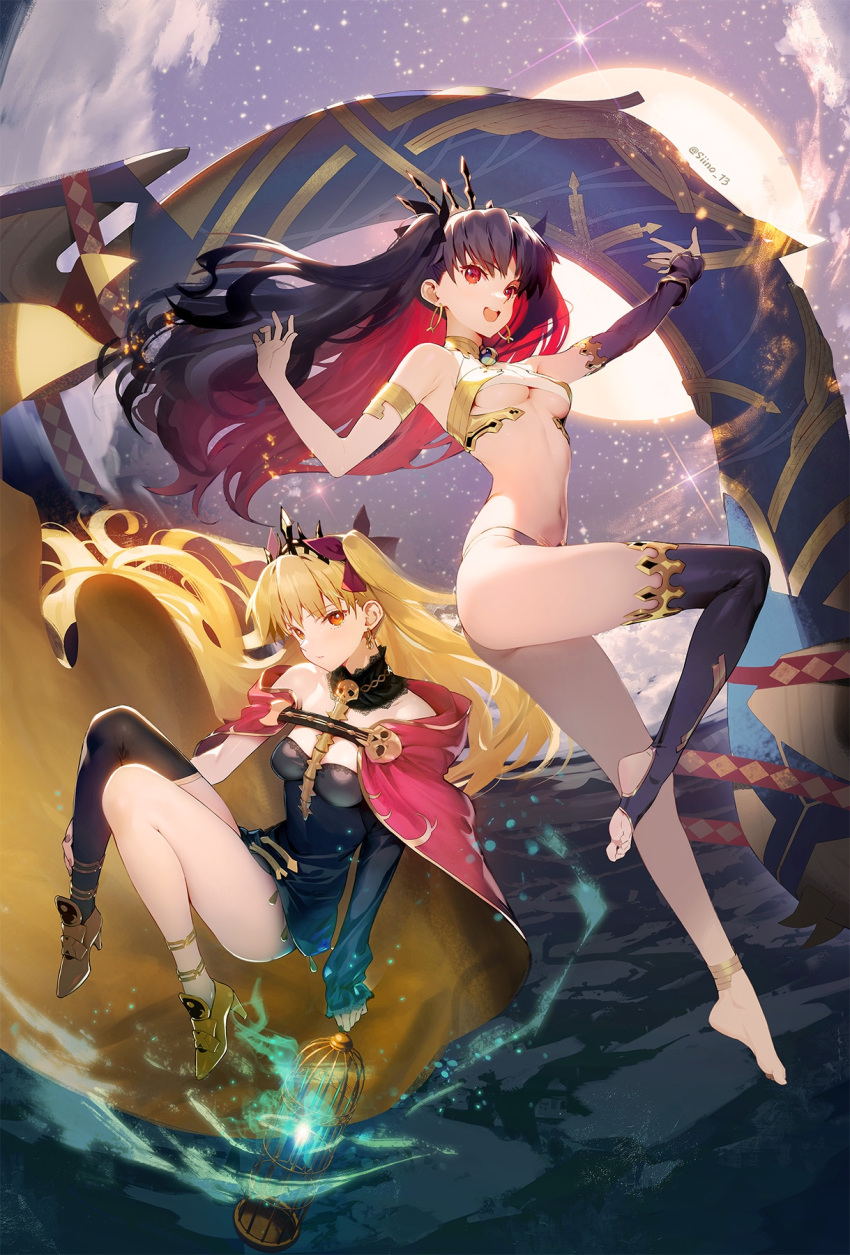 2girls :d anklet armlet asymmetrical_sleeves bare_shoulders barefoot black_dress black_hair black_ribbon blonde_hair blue_fire blush breasts cage cloak colored_inner_hair detached_collar detached_sleeves dress earrings ereshkigal_(fate) fate/grand_order fate_(series) fire floating floating_hair full_body hair_ribbon heavenly_boat_maanna high_heels highres holding holding_cage hood hooded_cloak hoop_earrings ishtar_(fate) jewelry long_hair looking_at_viewer medium_breasts moon multicolored_hair multiple_girls navel open_mouth red_cloak red_eyes red_hair red_ribbon ribbon short_dress siino single_detached_sleeve single_sleeve single_thighhigh skull_ornament sky smile star_(sky) starry_sky thighhighs thighs tiara two_side_up underboob yellow_cloak