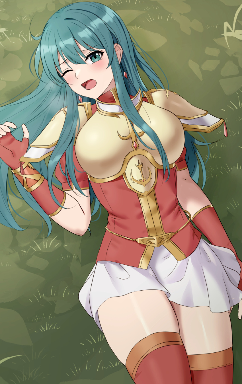 1girl absurdres amayo_thranana aqua_eyes aqua_hair armor blush bracelet breastplate commentary commission cowboy_shot eirika_(fire_emblem) fingerless_gloves fire_emblem fire_emblem:_the_sacred_stones gloves grass hand_up highres jewelry long_hair looking_at_viewer lying miniskirt on_back one_eye_closed open_mouth red_gloves red_shirt red_thighhighs shirt short_sleeves shoulder_armor skeb_commission skirt solo thighhighs thighs very_long_hair white_skirt