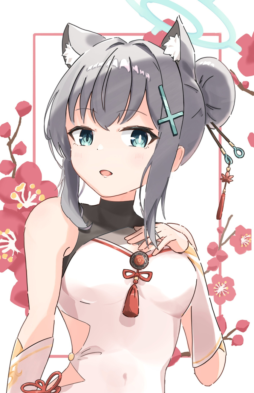 1girl absurdres animal_ear_fluff animal_ears blue_archive blue_eyes blush branch breasts commentary cross_hair_ornament dress extra_ears flower grey_hair hair_bun hair_intakes hair_ornament hair_stick halo highres looking_at_viewer mahjong_soul medium_bangs medium_breasts mismatched_pupils ninji665102 open_mouth red_flower shiroko_(blue_archive) short_hair sidelocks single_hair_bun sleeveless sleeveless_dress solo upper_body white_background white_dress wolf_ears wolf_girl