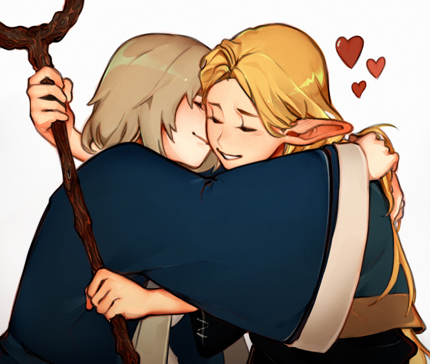 2girls absurdres ambrosia_(dungeon_meshi) blonde_hair blue_capelet blue_robe capelet closed_eyes dungeon_meshi elf falin_touden falin_touden_(tallman) grey_hair heart highres holding holding_staff hood hooded_capelet hug kiss kissing_cheek long_hair marcille_donato multiple_girls pointy_ears robe staff white_robe xivahtune yuri