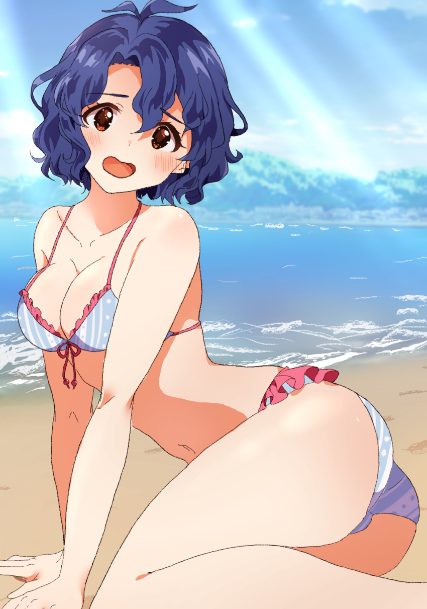 1girl antenna_hair ass beach bikini blue_hair blue_sky breasts brown_eyes cleavage cloud day feet_out_of_frame frilled_bikini frills front-tie_bikini_top front-tie_top highres hikono idolmaster idolmaster_million_live! idolmaster_million_live!_theater_days medium_breasts ocean open_mouth outdoors short_hair sky solo striped_bikini striped_clothes swimsuit toyokawa_fuka wavy_hair