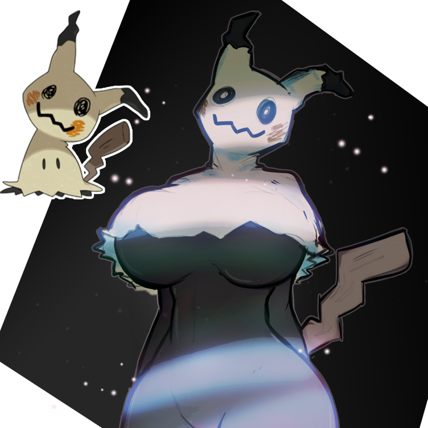 2022 absurd_res anthro big_breasts black_clothing black_dress breasts clothing digital_drawing_(artwork) digital_media_(artwork) dress female front_view generation_7_pokemon half-length_portrait hi_res light lighting mimikyu nintendo pokemon pokemon_(species) pokemorph portrait solo tan_body themercart