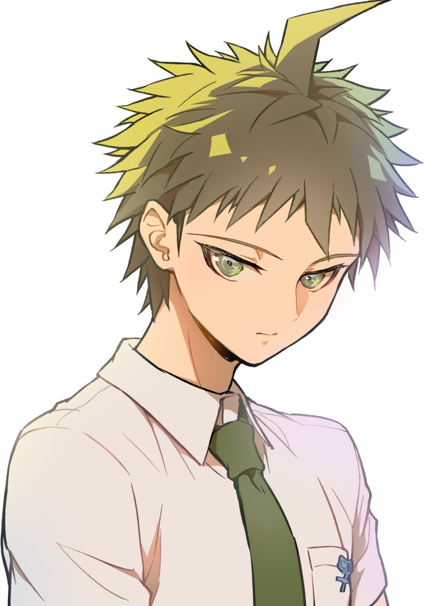 1boy absurdres ahoge breast_pocket brown_eyes brown_hair collared_shirt danganronpa_(series) danganronpa_2:_goodbye_despair green_necktie grey_background highres hinata_hajime male_focus necktie pocket shirt short_hair simple_background youko-shima