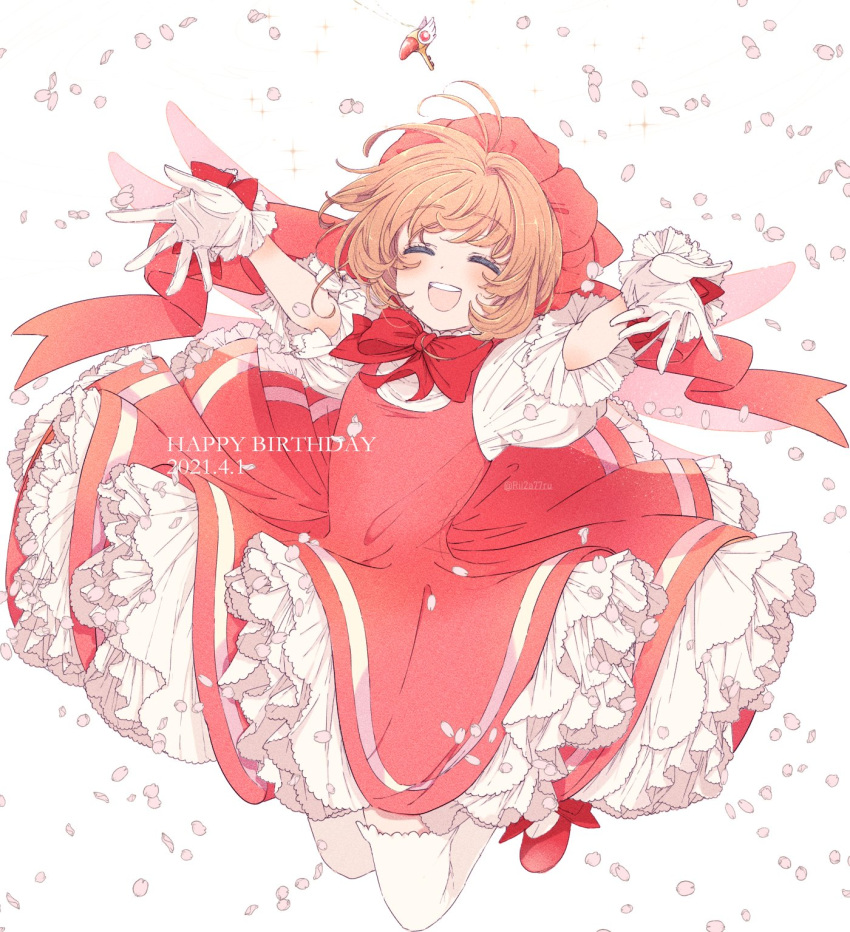 1girl blush bow bowtie brown_hair cardcaptor_sakura closed_eyes dress facing_viewer frilled_dress frills full_body gloves highres jumping key kinomoto_sakura magical_girl open_mouth outstretched_arms petals red_bow red_bowtie red_dress rii2a77ru short_hair smile solo spread_arms thighhighs white_gloves white_thighhighs