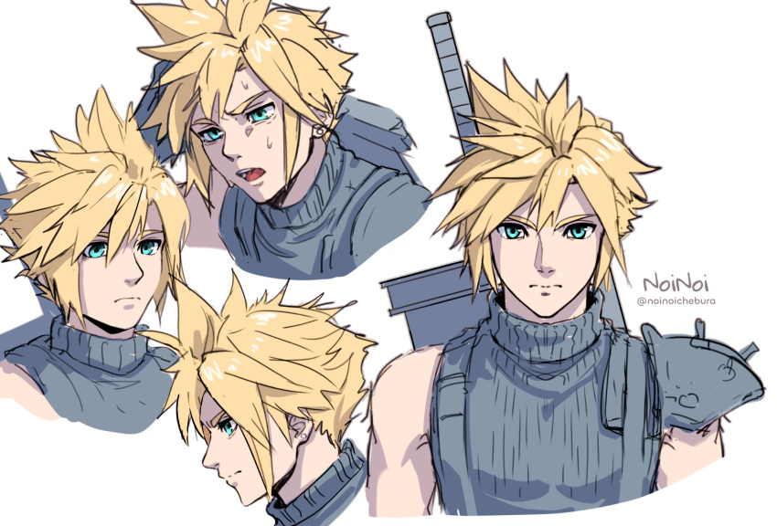 1boy aqua_eyes armor artist_name blonde_hair buster_sword closed_eyes cloud_strife earrings facing_viewer final_fantasy final_fantasy_vii final_fantasy_vii_rebirth final_fantasy_vii_remake furrowed_brow grey_shirt hair_between_eyes highres jewelry male_focus multiple_views noinoichebura open_mouth portrait profile shirt short_hair shoulder_armor single_bare_shoulder single_earring single_shoulder_pad sleeveless sleeveless_turtleneck solo spiked_hair suspenders sweatdrop turtleneck twitter_username upper_body weapon weapon_on_back white_background