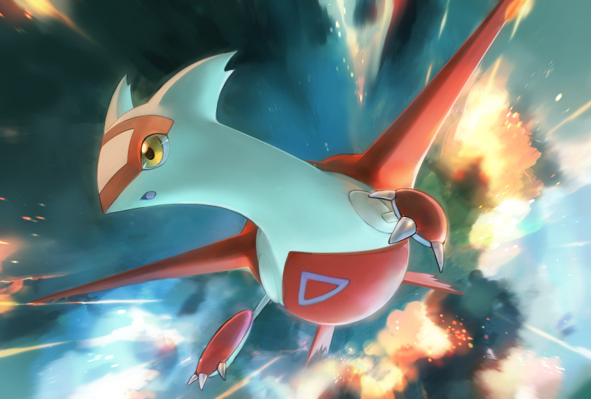 :o blurry claws commentary_request day_walker1117 explosion flying highres latias no_humans open_mouth pokemon pokemon_(creature) revision solo yellow_eyes