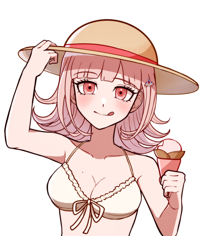 1girl :q bare_shoulders bikini blunt_bangs blush breasts cleavage collarbone danganronpa_(series) danganronpa_2:_goodbye_despair food front-tie_bikini_top front-tie_top galaga hair_ornament hat highres holding holding_food holding_ice_cream ice_cream kirin_(suzoke_1) large_breasts medium_hair mole mole_on_breast nanami_chiaki official_alternate_costume pink_eyes simple_background smile solo straw_hat sun_hat swimsuit tongue tongue_out upper_body