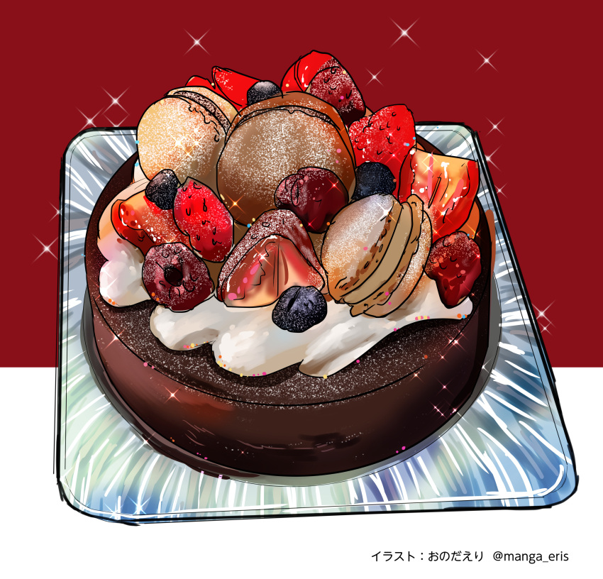 absurdres berry cake chocolate_cake food food_focus highres macaron manga_eris no_humans original sparkle tray