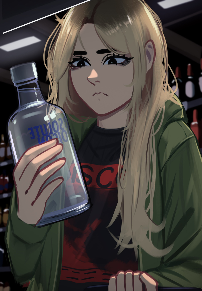 1girl absolut_vodka absurdres alcohol black_eyes black_sweater blonde_hair bottle convenience_store green_jacket highres holding holding_bottle jacket jessie_(veyonis) long_hair looking_at_object messy_hair nervous original print_shirt shirt shop shopping supermarket sweater veyonis vodka