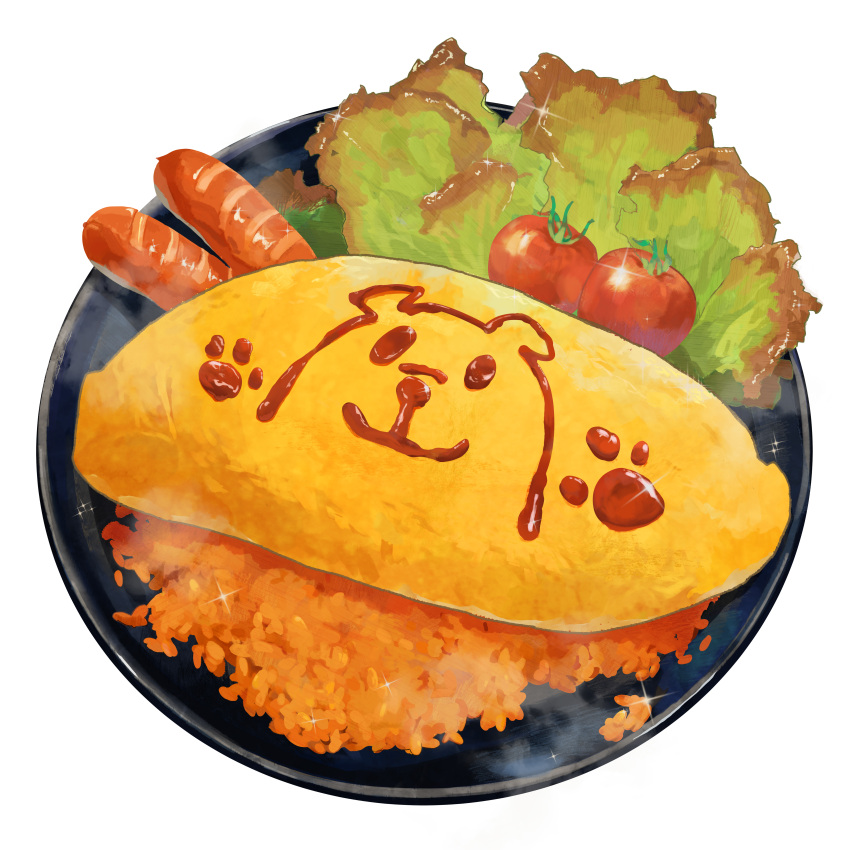 absurdres food food_focus highres lao_jatora lettuce no_humans omelet omurice original plate rice sausage simple_background still_life tomato white_background