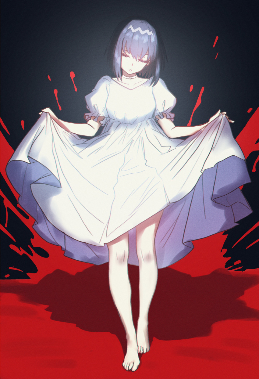 1girl absurdres barefoot black_hair blood breasts closed_eyes dress ebora full_body highres kuonji_alice large_breasts mahou_tsukai_no_yoru short_hair solo