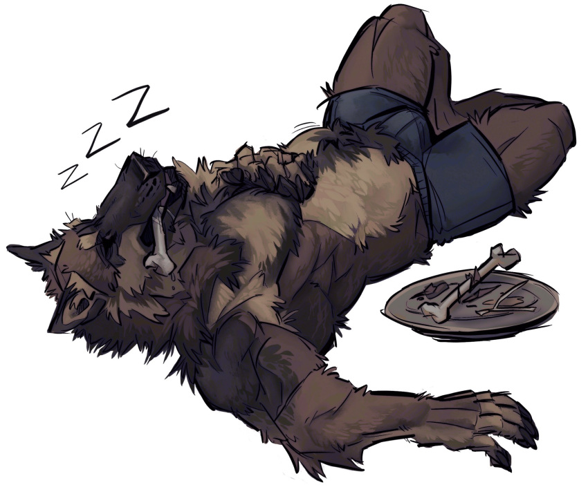 anthro bone brown_body brown_fur bulge canid canine canis clothed clothing fangs fur hi_res lying male mammal muscular muscular_anthro muscular_male mythological_canine mythological_creature mythology nmvsolidus simple_background sleeping solo teeth topless were werecanid werecanine werewolf white_background wolf