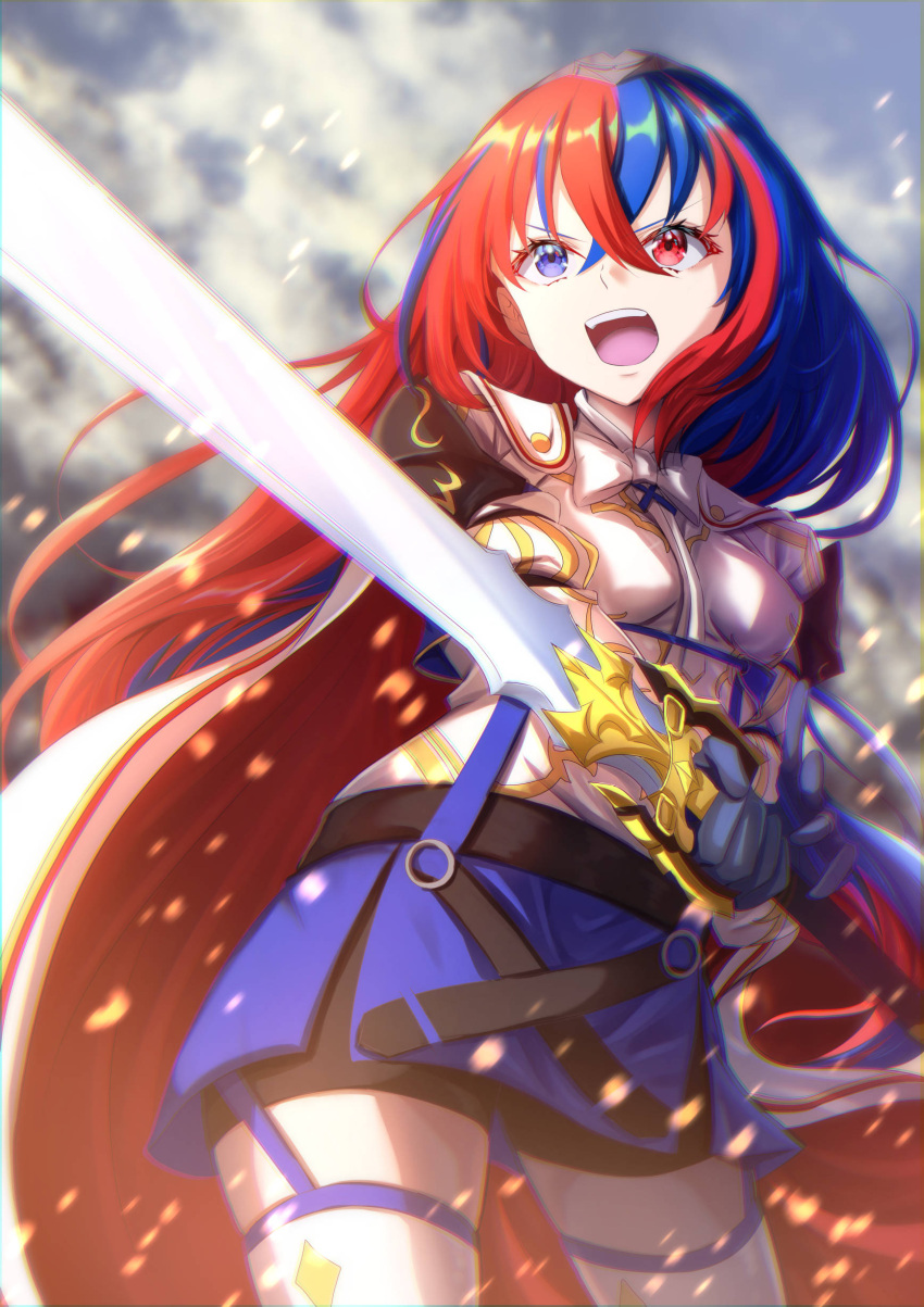 1girl absurdres alear_(female)_(fire_emblem) alear_(fire_emblem) blue_eyes blue_hair crossed_bangs fire_emblem fire_emblem_engage heterochromia highres liberation_(fire_emblem) multicolored_hair red_eyes red_hair sakunaru split-color_hair teeth tiara two-tone_hair upper_teeth_only