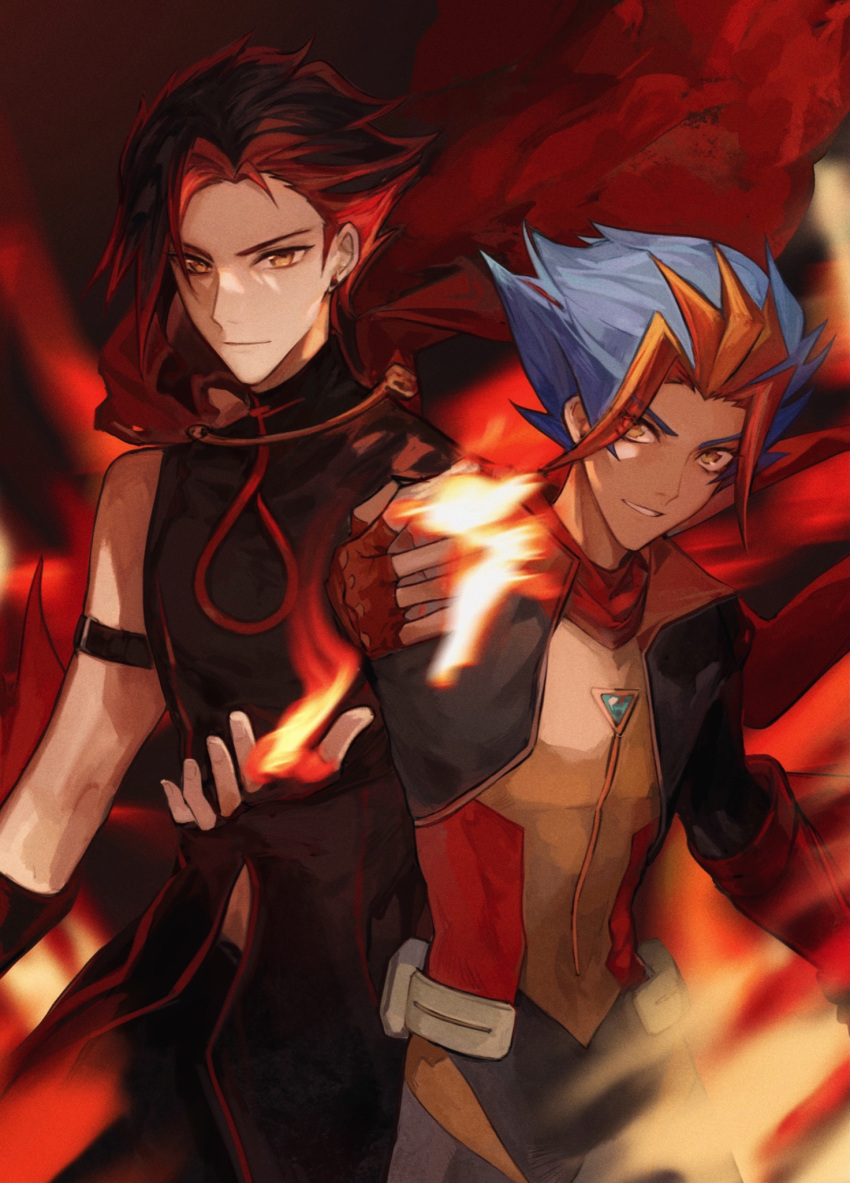 2boys armband asymmetrical_bangs bad_id bad_lofter_id black_coat black_hair black_pants blue_gemstone blue_hair bodysuit brown_gloves cape coat earrings elbow_gloves fingerless_gloves fire flame_(yu-gi-oh!_vrains) gem gloves grin hand_up highres homura_takeru jewelry light_smile male_focus midriff_peek multicolored_hair multiple_boys naoki_(2rzmcaizerails6) pants personification pyrokinesis red_cape red_hair sleeveless sleeveless_coat smile soulburner spiked_hair streaked_hair stud_earrings upper_body yellow_eyes yu-gi-oh! yu-gi-oh!_vrains