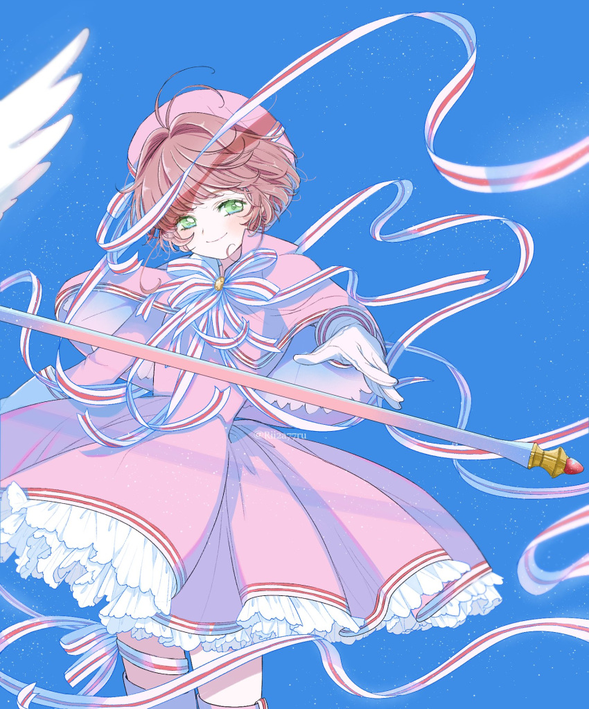 1girl antenna_hair blue_sky blush brown_hair capelet cardcaptor_sakura dress frilled_dress frills fuuin_no_tsue gloves green_eyes hat highres kinomoto_sakura long_ribbon neck_ribbon pink_capelet pink_dress pink_hat ribbon rii2a77ru short_hair sky smile solo wand white_gloves