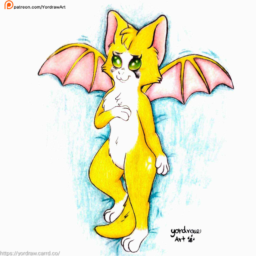 :3 anthro bat bed butt dakimakura dakimakura_design dakimakura_pose dust:_an_elysian_tail felid feline female fidget_(elysian_tail) fur furniture green_eyes hi_res lying lying_on_bed mammal nimbat on_back on_bed patreon patreon_logo patreon_username smile smiling_at_viewer solo spread_legs spreading text url wings yellow_body yordraw