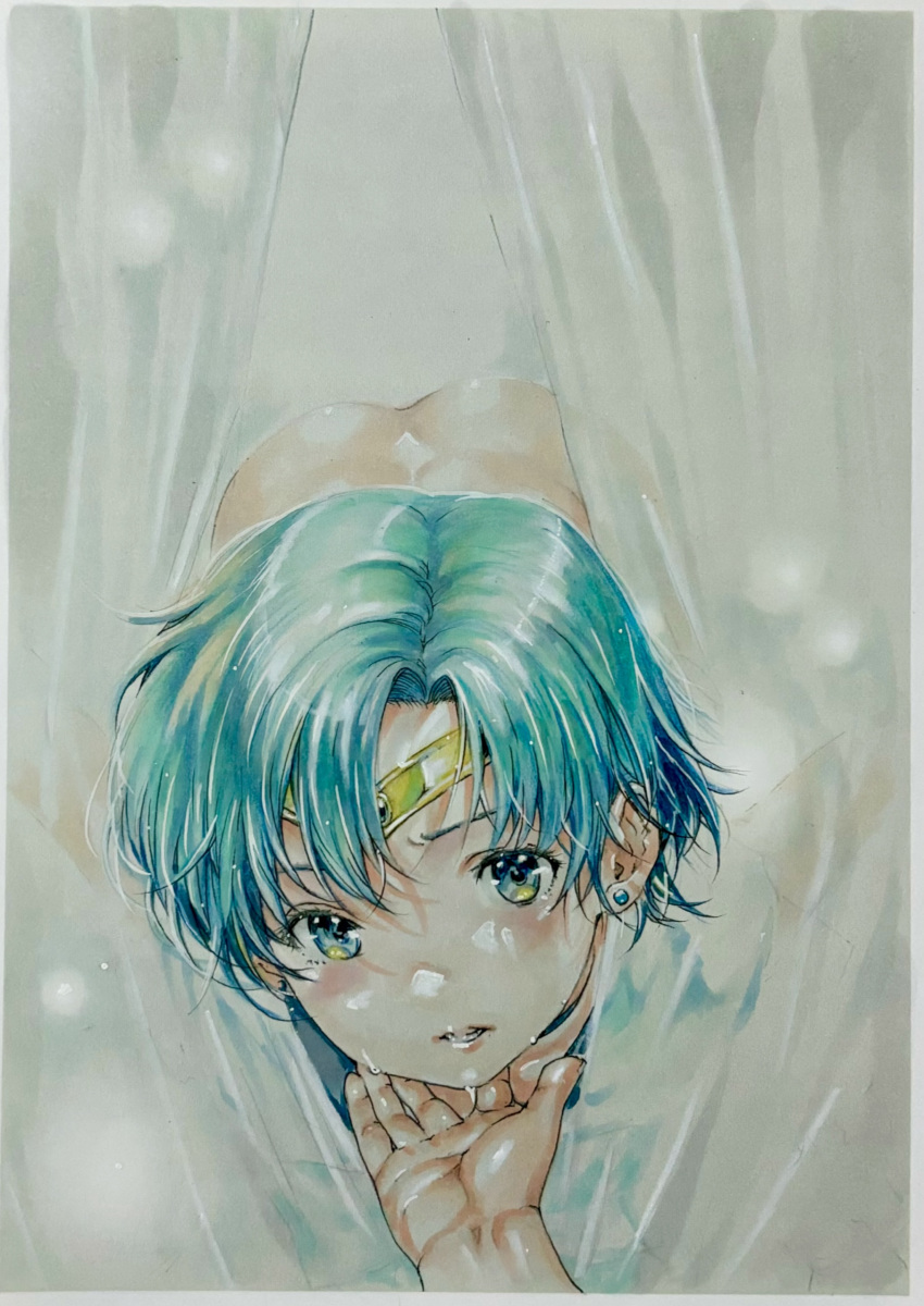 1girl absurdres aqua_eyes bent_over bishoujo_senshi_sailor_moon blue_eyes bottomless circlet curtains earrings grabbing_another's_chin hand_on_another's_chin highres jewelry katsu_(24791909) looking_at_viewer marker_(medium) mizuno_ami parted_bangs parted_lips pov pov_hands sailor_mercury short_hair solo_focus sweat traditional_media