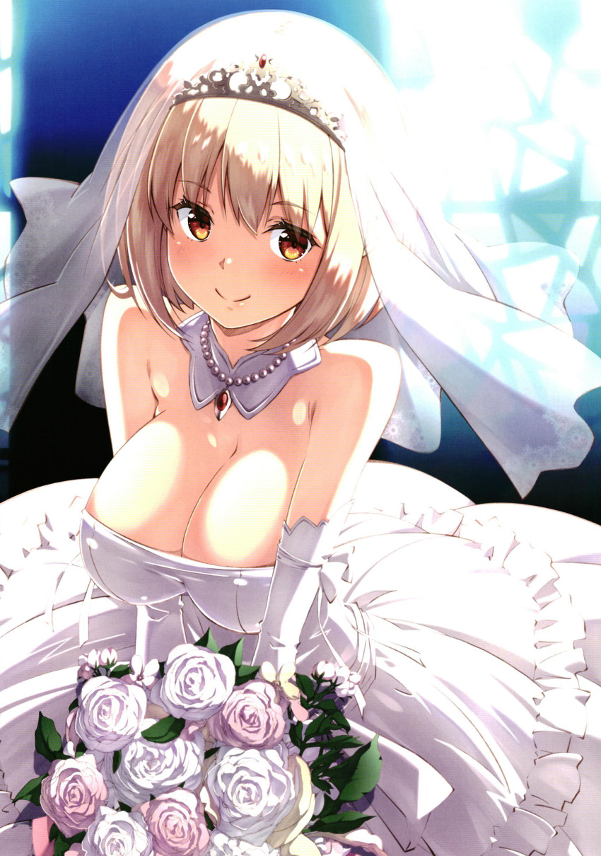 1girl bare_shoulders blonde_hair blush bouquet breasts bridal_veil bride cleavage closed_mouth dress highres izumi_mahiru jewelry large_breasts looking_at_viewer lycoris_recoil necklace nishikigi_chisato non-web_source orange_eyes short_hair smile solo tiara veil wedding_dress white_dress