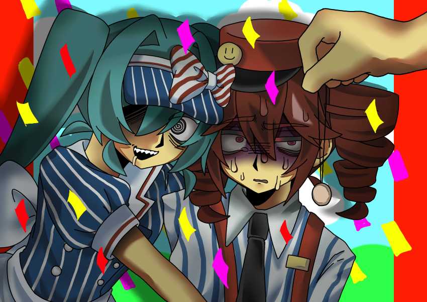 1other 2girls 401-chan @_@ absurdres alternate_costume ambiguous_gender bags_under_eyes black_necktie blue_background blue_eyes blue_hair blue_hat bow coin coin_on_string collared_shirt confetti constricted_pupils crazy crossdressing dress drill_hair drop_shadow furrowed_brow hair_between_eyes hat hat_bow hatsune_miku highres hug hypnosis kasane_teto long_hair looking_at_another looking_at_viewer mesmerizer_(vocaloid) mind_control multiple_girls necktie nervous_sweating open_mouth out_of_frame pillarboxed pinstripe_dress pinstripe_pattern pinstripe_shirt puffy_short_sleeves puffy_sleeves raised_eyebrow red_eyes red_hair red_hat shaded_face sharp_teeth shirt short_sleeves striped_bow suspenders sweat tearing_up teeth turn_pale twin_drills twintails upper_body utau visor_cap vocaloid waiter waitress wavy_mouth white_shirt wide-eyed