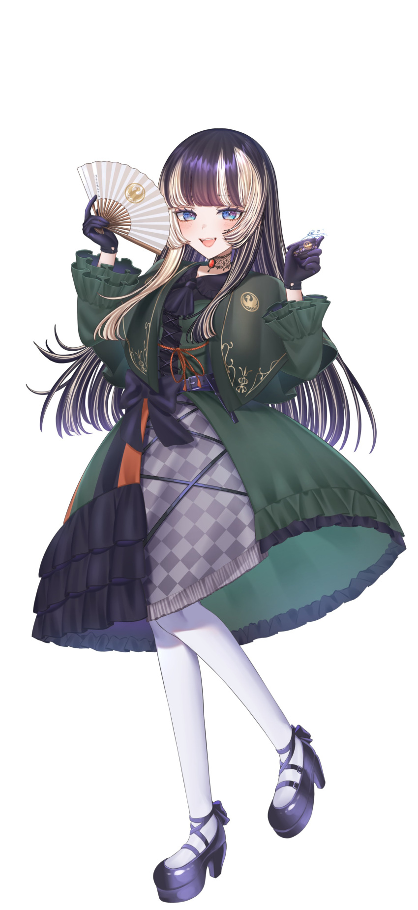 1girl absurdres black_gloves black_hair blue_eyes choker choko_(cup) cup dress folding_fan full_body gloves green_dress grey_hair hand_fan highres hololive hololive_dev_is juufuutei_raden lace lace_choker long_hair mui_maru multicolored_hair pantyhose two-tone_hair virtual_youtuber white_pantyhose