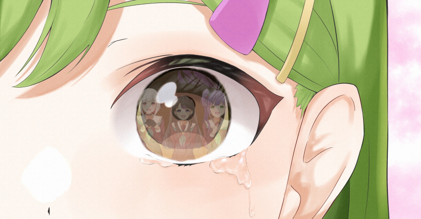 4girls absurdres aqua_neckerchief black_choker black_gloves bob_cut brown_dress brown_eyes brown_hair choker close-up colored_inner_hair crying crying_with_eyes_open diagonal_bangs dress eye_reflection flower fujishima_megumi gloves green_eyes green_hair grey_hair hair_bun hair_flower hair_ornament hairclip half_gloves hand_on_own_chest hands_on_own_chest hasu_no_sora_school_uniform highres inverted_bob link!_like!_love_live! long_hair long_sleeves love_live! multicolored_hair multiple_girls neckerchief o-ring o-ring_choker oogami_sachi otomune_kozue pink_background purple_eyes purple_hair red_eyes red_flower red_hair reflection sailor_collar sailor_dress school_uniform short_hair side_ponytail sidelocks single_side_bun solo_focus star_(symbol) star_hair_ornament streaked_hair swept_bangs tears tomoe_(tomoe_200) two_side_up v_arms white_sailor_collar winter_uniform yugiri_tsuzuri