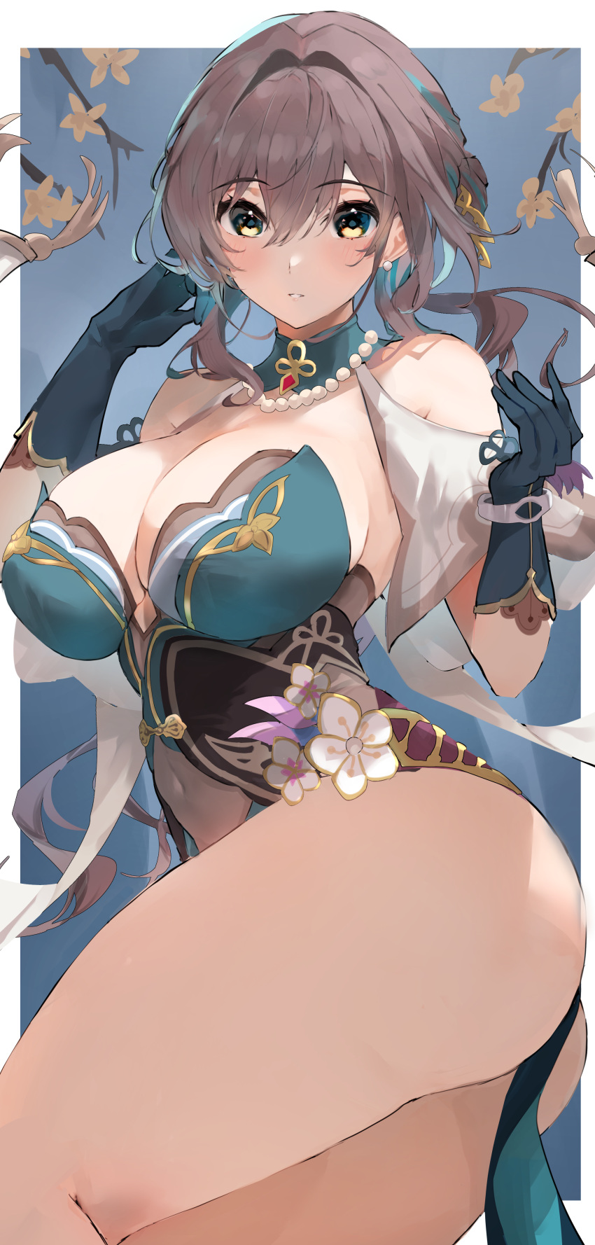 1girl absurdres bare_shoulders bead_necklace beads black_gloves blush breasts brown_hair cleavage commentary_request commission covered_navel dress dx_(xxer4838) floral_print gloves hair_intakes highres honkai:_star_rail honkai_(series) jewelry large_breasts looking_at_viewer multicolored_clothes multicolored_dress necklace ruan_mei_(honkai:_star_rail) skeb_commission solo strapless strapless_dress thick_thighs thighs upper_body yellow_eyes