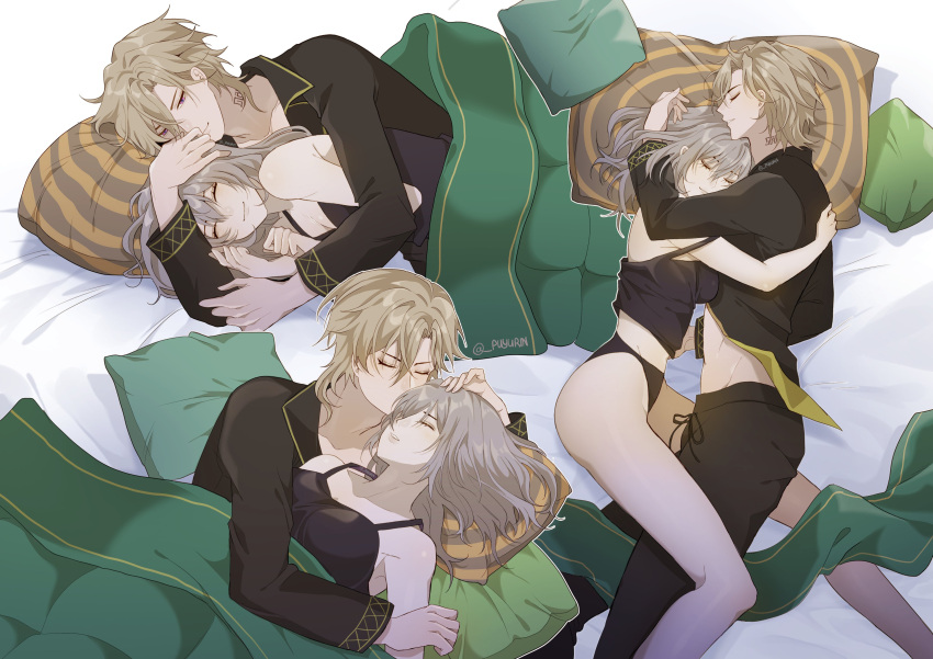 1boy 1girl absurdres aventurine_(honkai:_star_rail) bed couple cuddling hetero highres honkai:_star_rail honkai_(series) pajamas sleeping stelle_(honkai:_star_rail) trailblazer_(honkai:_star_rail)