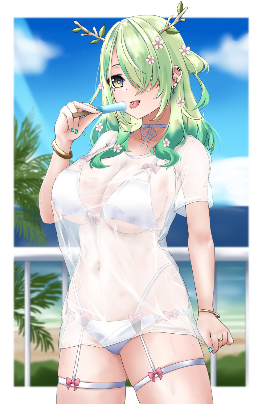 1girl absurdres aidoruhakase antlers bikini blue_sky border bracelet breasts ceres_fauna choker flower food green_hair hair_flower hair_ornament highres holding holding_food holding_popsicle hololive hololive_english horns jewelry large_breasts legwear_garter mole mole_under_eye popsicle ring see-through see-through_shirt sky solo swimsuit virtual_youtuber white_bikini white_border