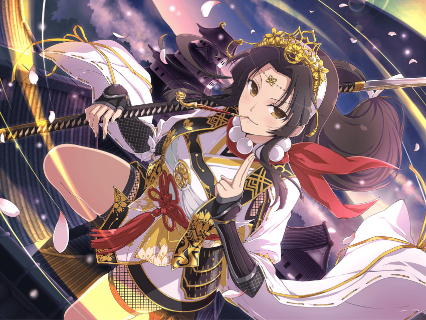 1girl architecture arm_guards armor beads black_hair blush breasts brown_eyes building cloud crown east_asian_architecture energy evening falling_petals fishnets floral_print forehead_jewel hair_ornament hairband hand_gesture headpiece highres holding japanese_armor japanese_clothes jasmine_(senran_kagura) jewelry kimono kote kuji-in kurokote kusazuri large_breasts light_particles long_hair looking_at_viewer low-tied_long_hair nagamaki ninja official_alternate_costume official_alternate_hairstyle official_art on_roof outdoors pagoda petals pipe_in_mouth polearm prayer_beads red_rope red_scarf red_tassel ribbon ribbon-trimmed_kimono rooftop rope scarf senran_kagura senran_kagura_estival_versus senran_kagura_new_link short_kimono smile smoking_pipe solo sunset tile_roof tree very_long_hair weapon white_hairband white_kimono yaegashi_nan yellow_ribbon