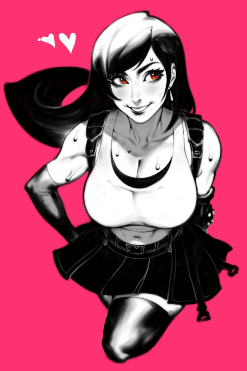 1girl absurdres black_hair breasts cleavage collarbone crop_top elbow_pads final_fantasy final_fantasy_vii final_fantasy_vii_remake gloves greyscale heart highres large_breasts long_hair looking_to_the_side low-tied_long_hair midriff monochrome navel pink_background red_eyes single_elbow_pad skirt smile suspender_skirt suspenders sweat tank_top teardrop_earrings tifa_lockhart white_tank_top zelus