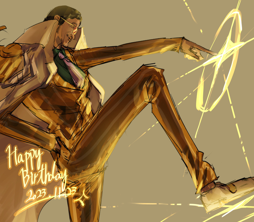 1boy absurdres black_hair borsalino_(kizaru) coat facial_hair feet_up fighting_stance from_side goatee happy_birthday highres male_focus mature_male one_piece outstretched_arm photokinesis profile short_hair smile solo suit sunglasses tsurime unfinished wame_rkgkaka