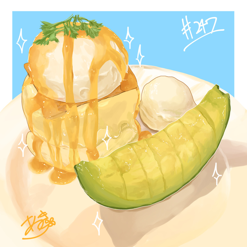 absurdres dessert food food_focus fruit highres ice_cream melon melon_slice no_humans original plate takisou_sou