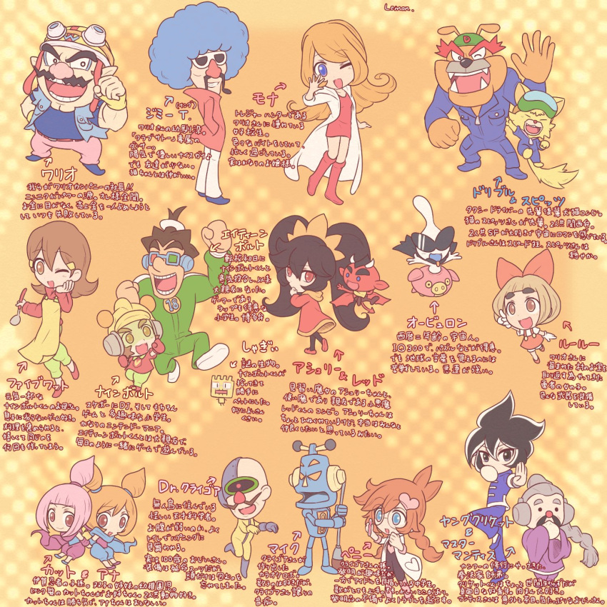 18-volt 5-volt 6+boys 6+girls 9-volt alien ana_(warioware) apron artist_name ashley_(warioware) black_hair blue_eyes blue_hair blue_jumpsuit bow braid brown_eyes brown_hair coat demon demon_horns demon_tail demon_wings double_bun dr._crygor dress dribble_(warioware) facial_hair fronk furry furry_male hair_bow hair_bun hair_ornament heart heart_ornament helmet highres horns jacket jimmy_t jumpsuit kat_(warioware) lab_coat lmn3h low_twin_braids lulu_(warioware) master_mantis mike_(warioware) mona_(warioware) motorcycle_helmet multiple_boys multiple_girls mustache one_eye_closed orange_hair orbulon pants penny_crygor pink_hair pink_pants red_(warioware) red_bow red_dress red_eyes red_footwear red_jacket robot spitz sunglasses tail tinted_eyewear twin_braids twintails wario warioware white_coat white_pants wings yellow_apron young_cricket