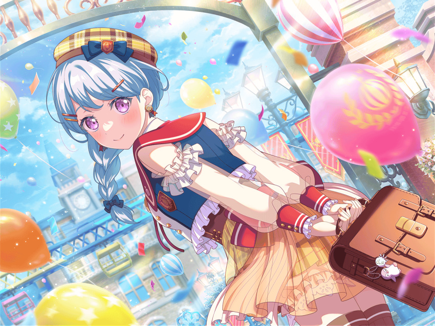 1girl arms_behind_back bag bag_charm balloon bang_dream! beret bloomers blue_hair blush bow braid building charm_(object) confetti detached_sleeves dutch_angle earrings frills from_behind hair_ornament hairclip hat hat_bow holding holding_bag jewelry leaning_forward light_blue_hair looking_at_viewer looking_back matsubara_kanon nail_polish official_art orange_nails outdoors plaid plaid_skirt purple_eyes sailor_collar school_bag see-through see-through_skirt see-through_sleeves side_braid skirt smile solo thighhighs third-party_source