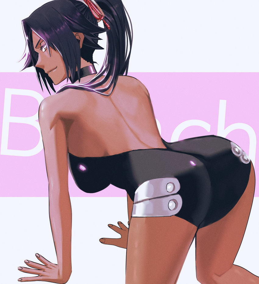 1girl all_fours ass back bare_shoulders black_leotard bleach breasts dark-skinned_female dark_skin highres leotard long_hair looking_at_viewer n_(nauki_11) ponytail purple_hair shihouin_yoruichi solo thighs yellow_eyes