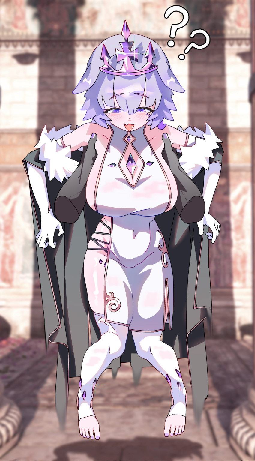 1girl absurdres blush breasts chest_jewel dress face_jewel gem gem_hair_ornament grey_hair gurumie highres hololive hololive_english jewel_under_eye jewelry lifting_person long_hair looking_at_viewer momseki_(koseki_bijou) purple_eyes purple_gemstone sideboob sideless_dress smile very_long_hair virtual_youtuber white_dress