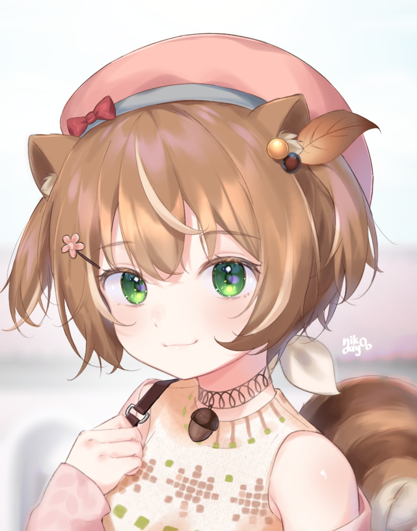 1girl acorn_pendant adapted_costume animal_ears ayunda_risu ayunda_risu_(1st_costume) bare_shoulders beret brown_hair choppy_bangs clenched_hand closed_mouth commentary double-parted_bangs green_eyes hair_ornament hairclip hand_on_own_chest hand_up hat highres hololive hololive_indonesia ibispaint_(medium) leaf_hair_ornament looking_at_viewer nikoo_(nikodayooo) pink_hat short_hair snake solo squirrel_ears squirrel_girl squirrel_tail tail upper_body virtual_youtuber