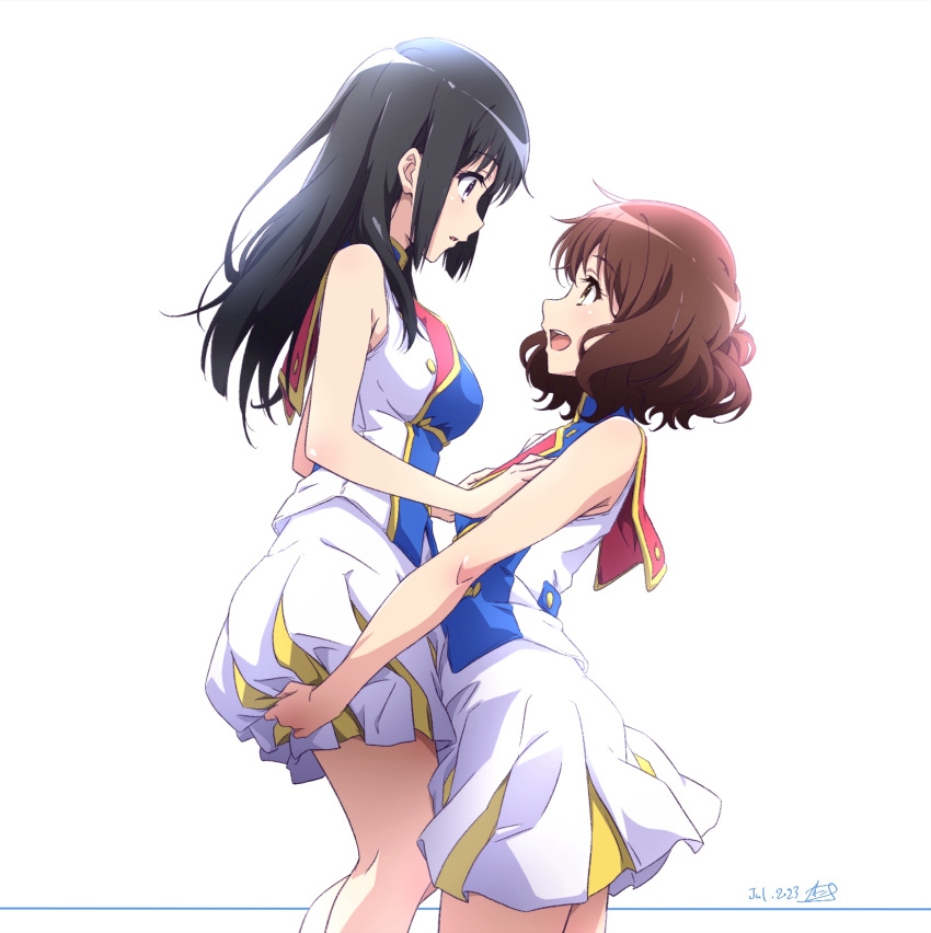 2girls :d artist_name band_uniform blue_shirt breasts brown_hair commentary_request dated hibike!_euphonium highres holding kousaka_reina lifting_person looking_at_another lycoris_recoil medium_breasts miniskirt multiple_girls nii_manabu no_headwear open_mouth oumae_kumiko parted_lips pleated_skirt scene_reference shirt signature skirt sleeveless sleeveless_shirt smile two-tone_shirt white_background white_shirt white_skirt yuri