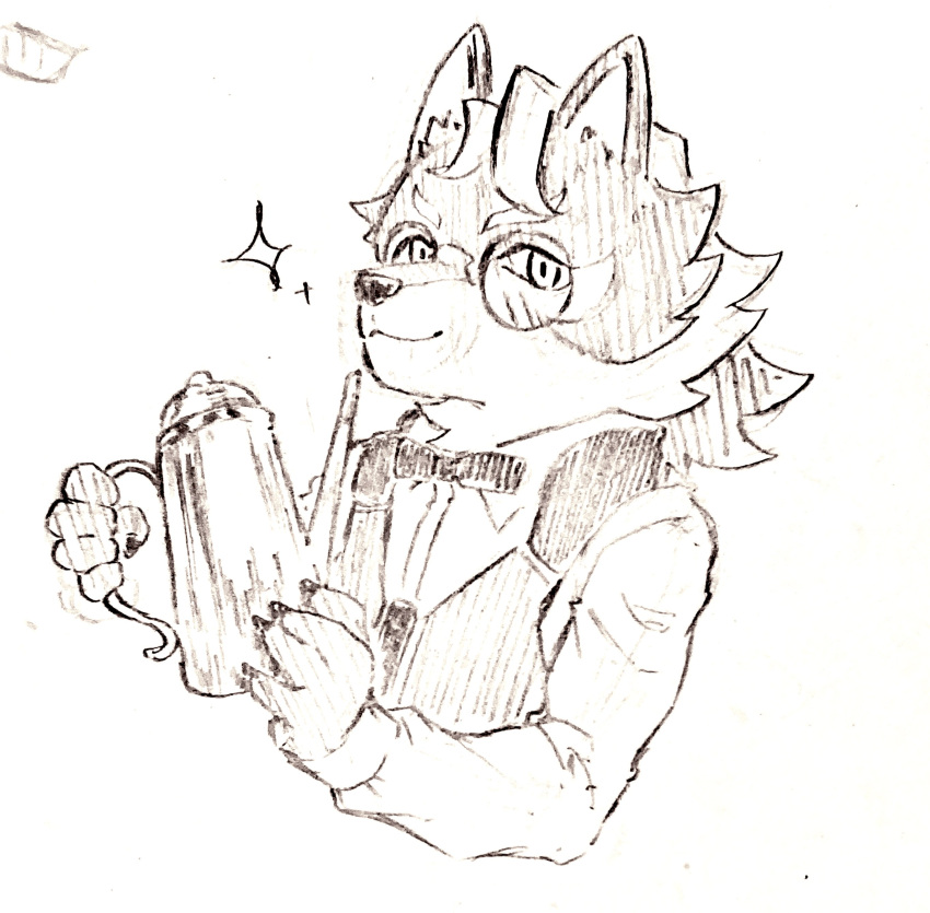 absurd_res anthro bow_tie canid canine canis claws clothing esperdica eyewear fur glasses hayata_461 hi_res holding_object lifewonders live_a_hero male mammal pen_(artwork) server shirt sketch solo topwear traditional_media_(artwork) vest wolf