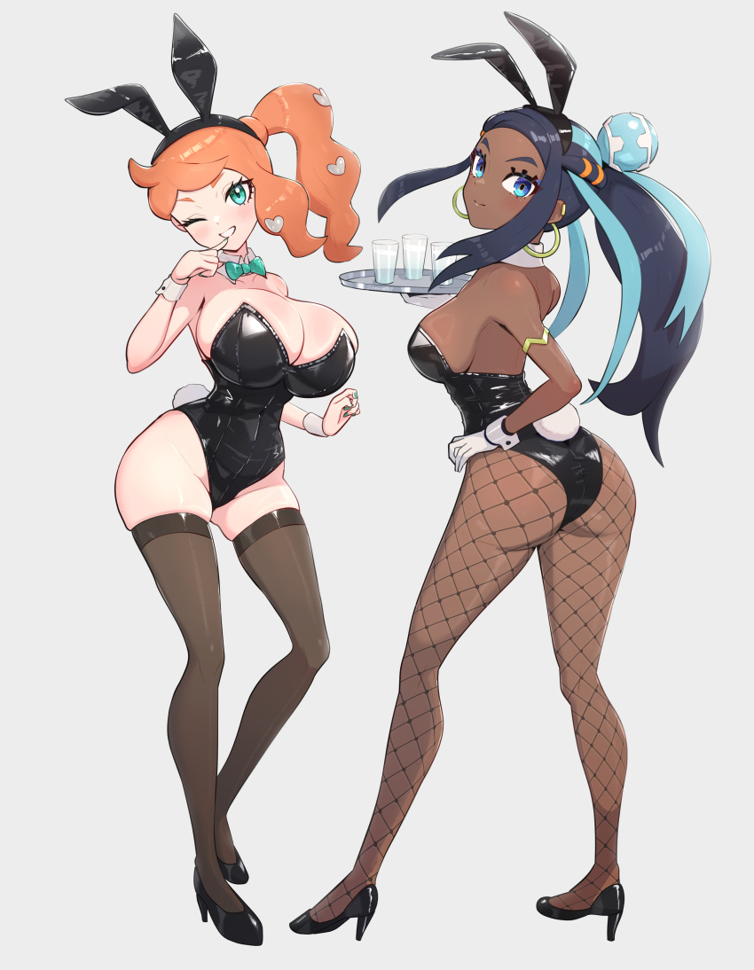 2girls absurdres ahoge alternate_breast_size alternate_costume alternate_hairstyle animal_ear_hairband animal_ears aqua_eyes aqua_nails armlet ass ass_focus ass_visible_through_thighs backless_outfit bare_arms bare_back bare_shoulders black_bow black_bowtie black_hair black_leotard black_thighhighs blue_eyes blue_eyeshadow blue_hair blush bow bowtie breasts cleavage closed_mouth commentary cowboy_shot cup dark-skinned_female dark_skin detached_collar earrings eyeshadow fake_animal_ears fishnets from_behind gloves gold_earrings gonzarez hair_ornament hairband hand_on_own_hip heart heart_hair_ornament highres holding holding_tray hoop_earrings huge_breasts jewelry large_breasts leotard light_blush long_hair looking_at_viewer looking_back makeup medium_breasts multicolored_hair multiple_girls nessa_(pokemon) one_eye_closed orange_hair playboy_bunny pokemon pokemon_swsh ponytail rabbit_ear_hairband rabbit_ears rabbit_tail shiny_clothes side_ponytail simple_background skindentation smile sonia_(pokemon) sparkling_aura standing strapless strapless_leotard streaked_hair swept_bangs tail thighhighs tray wavy_hair white_background white_gloves white_wrist_cuffs wrist_cuffs