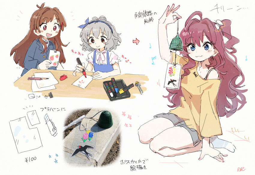 3girls :3 ahoge antenna_hair blazer blue_hairband blush boxcutter brown_hair drawing_(action) drawing_(object) grey_hair hairband highres holding holding_marker ichinose_shiki idolmaster idolmaster_cinderella_girls jacket kneeling long_hair marker multiple_girls narumiya_yume nendo23 one_side_up pencil photo_inset purple_hair school_uniform short_hair smile tsujino_akari very_long_hair